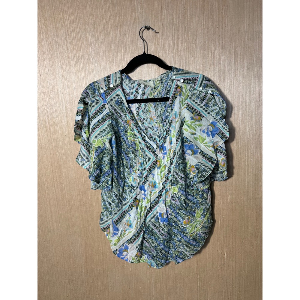 Maeve Anthropologie Mixed Print Floral Paisley Pintuck V-Neck Flutter Blouse 2